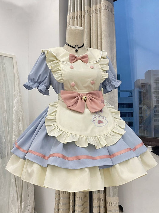 Blue and Pink Sweet Maid Lolita Kitty Paw Embroidery Apron Dress