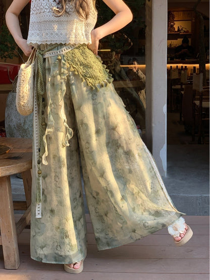 Mori Kei Green Tie Dye Wide-Leg Pants with Detachable Knitted Accessory Regular/Short Version