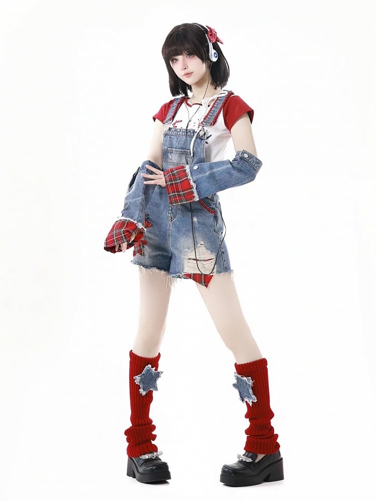 Red & White Colorblock Asymmetrical Neckline Graphic T-Shirt