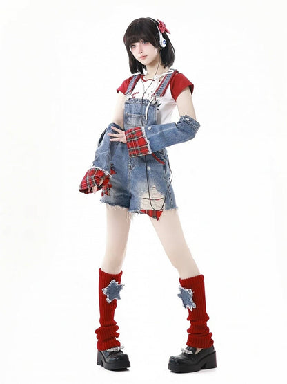 Blue Distressed Holes Raw Hem Plaid Star Appliques Denim Overall Shorts with Free Armwears