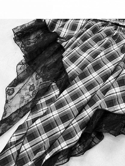 Black Bittersweet Plaid Pattern Contrast Lace Patches Asymmetrical Hem Skirt