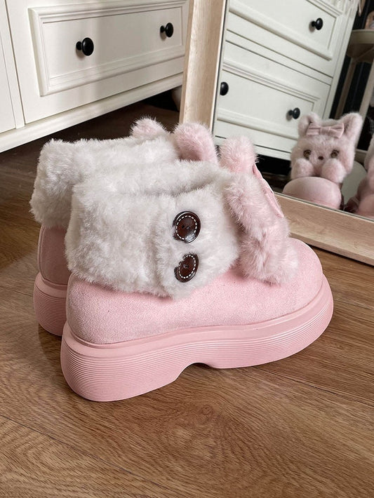Plush Bunny Embellishments & Fleece Lining Pink Winter Boots in Sweet Lolita