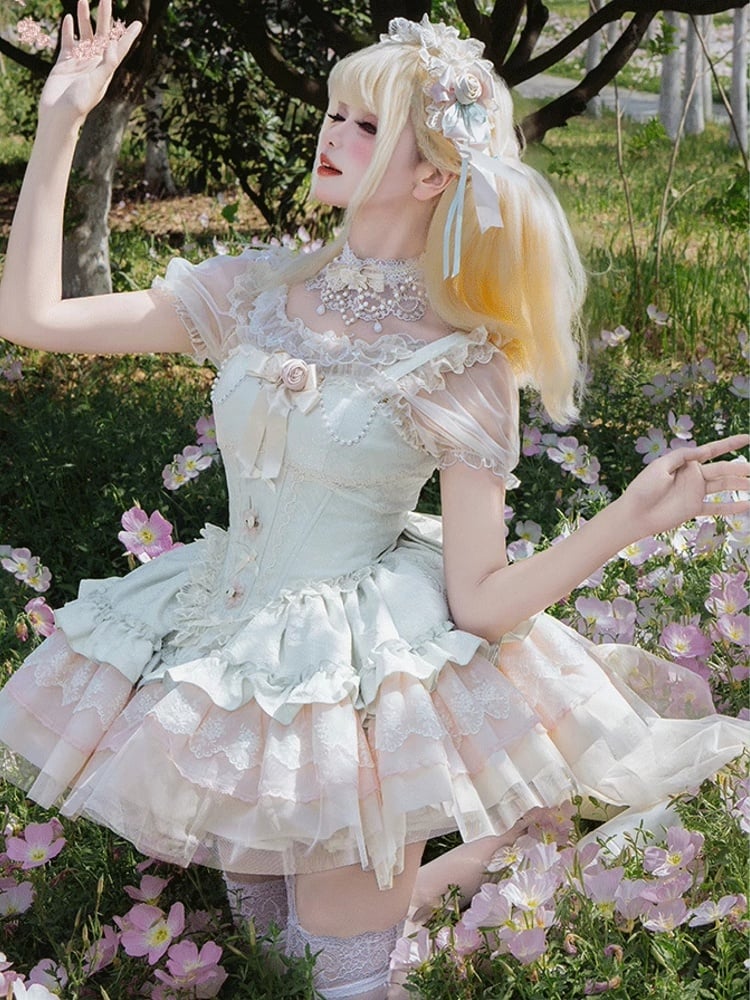 Green Boned Basque Waist Jacquard Fabric Hime Lolita Balletcore Puffy Dress JSK with Big Bow Train