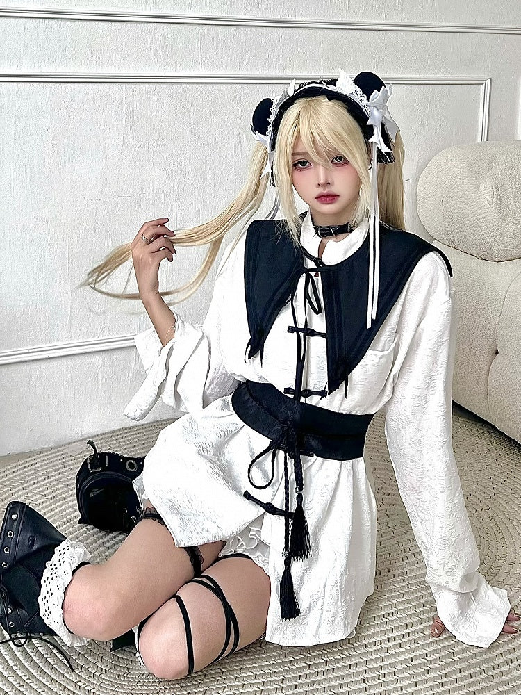 White Long/Short Sleeves Cheongsam Blouse with Detachable Collar and Subtle Pattern