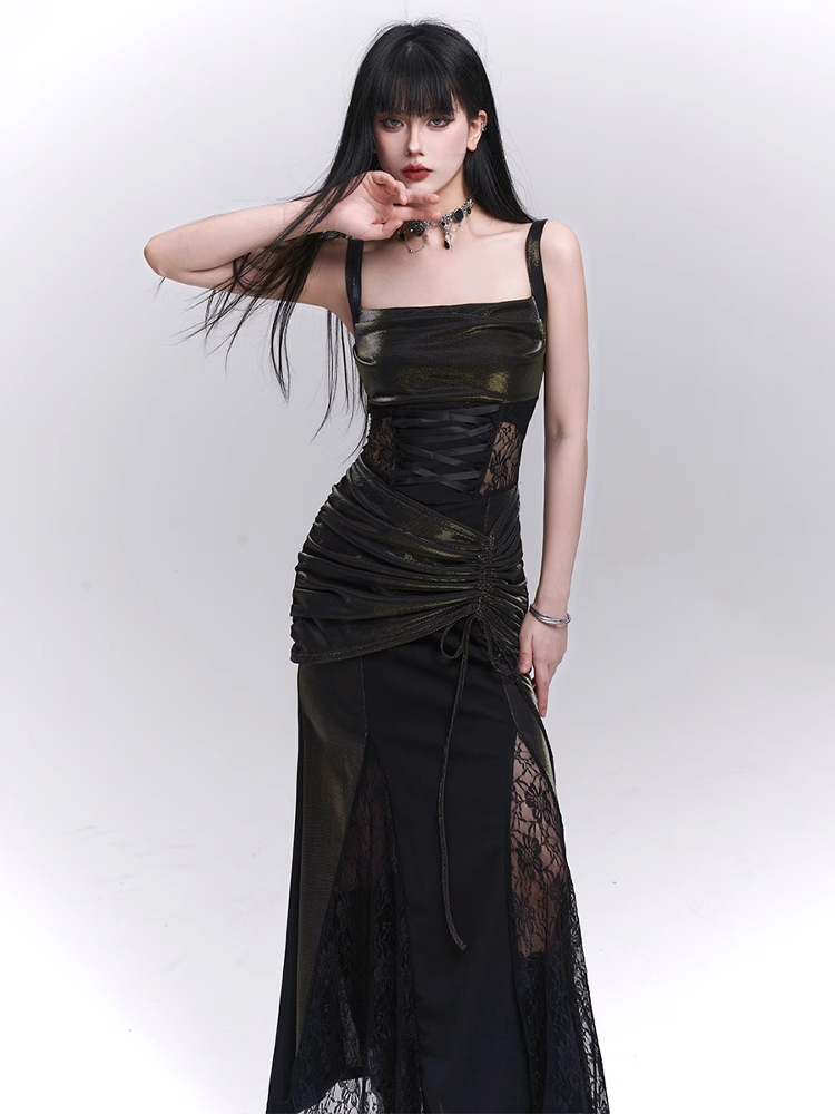Black Lace Patches Waist Drawstring Hip Sleeveless Dress