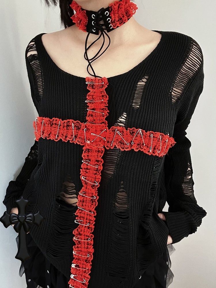 3 Colors Lace Cross Applique Hollowed-out Gothic Sweater + Lace-up Detail Choker