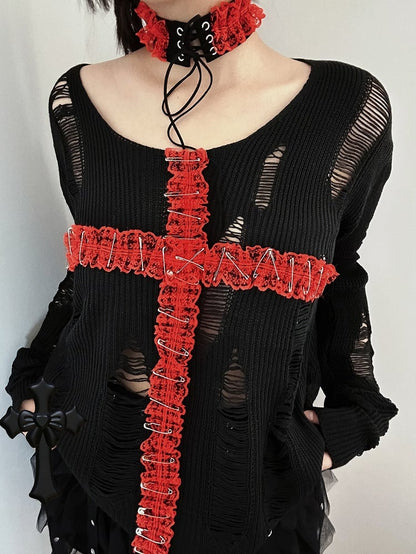 3 Colors Lace Cross Applique Hollowed-out Gothic Sweater + Lace-up Detail Choker
