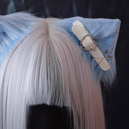 Pins and PU Buckle Blue and White Asymmetrical Kitty Ears Hairclips