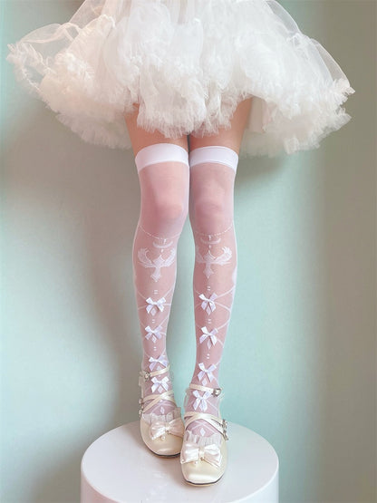 White/Black Bow Semi-sheer Cross and Wing Print Over Knee Stockings