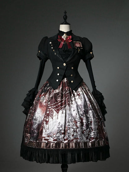Red Corset Belt Waist Chess Theme Print Lolita Skirt