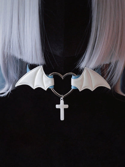 Cross Pendant Blue and White Handmade Bat Wings PU Choker