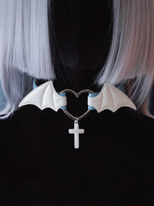 Cross Pendant Blue and White Handmade Bat Wings PU Choker