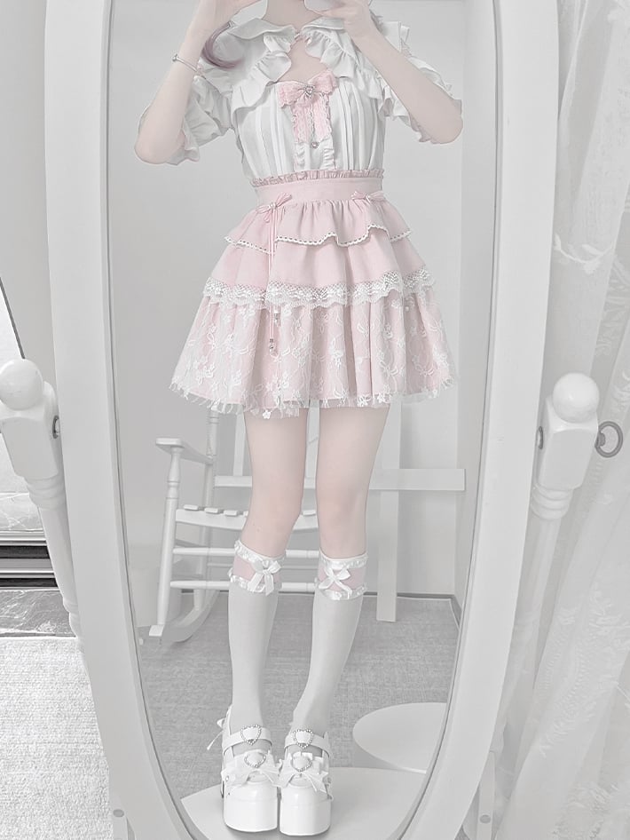 White Peter Pan Collar Cutout Shoulder Blouse+ Pink Tiered Skirt+ Bowknot Jirai Kei Set