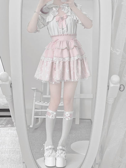 White Peter Pan Collar Cutout Shoulder Blouse+ Pink Tiered Skirt+ Bowknot Jirai Kei Set