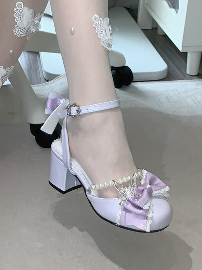 Purple Detachable Bow Accent and Bead Chain Sweet Lolita Mary Janes 6CM Block Heels