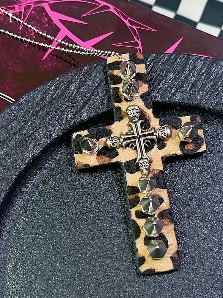 9 Options Gyaru Fashion Skeleton And Studs Leopard Cross Necklace
