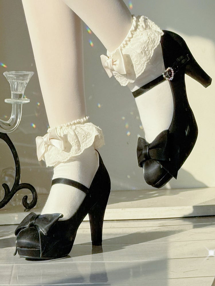 Black Elegant Lolita High Heels - Bow at Top & Rhinestone Heart Buckle