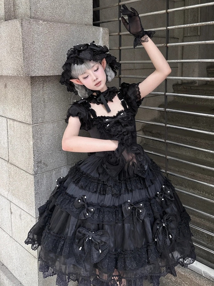 All Black Bow Accents and Bead Details Princess Lolita Dress with Big Bow at Back