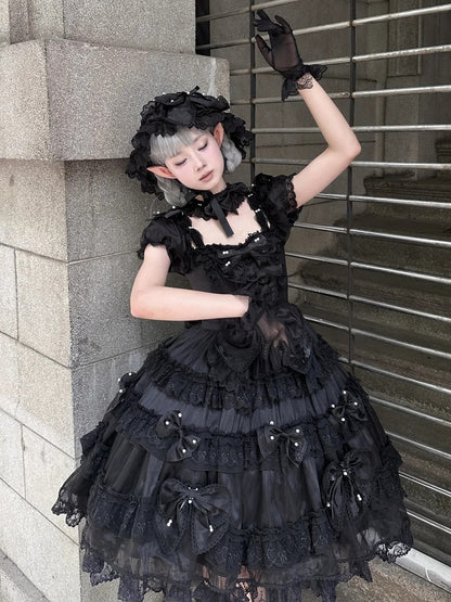 All Black Bow Accents and Bead Details Princess Lolita Dress with Big Bow at Back