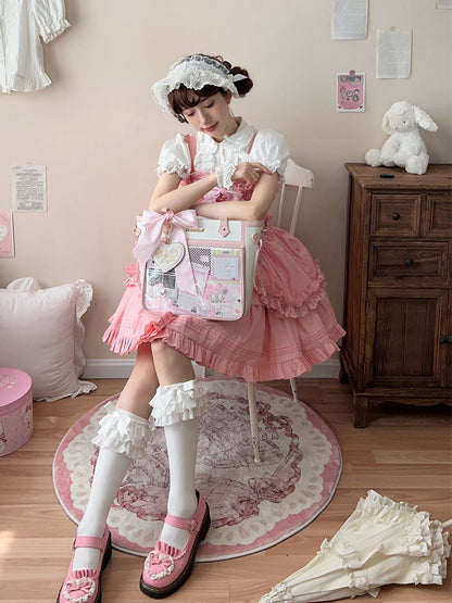 White and Pink Bowknot and Heart-shaped Charm Ita Bag
