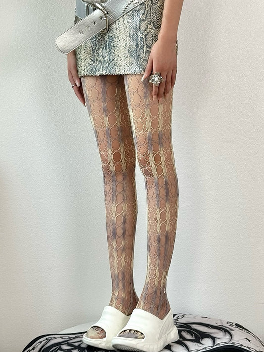 White&Gray Gyaru Fashion Tie Dye Hollow-out Details Tights