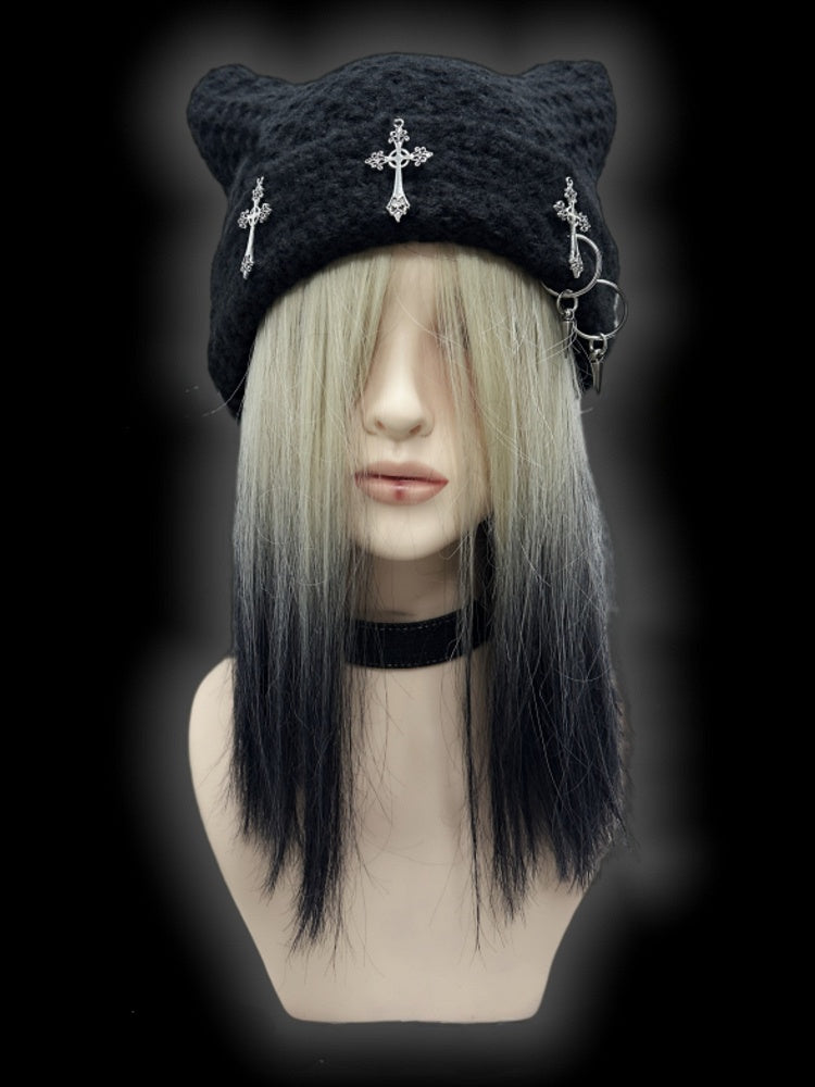 Y2K Black Cross Charms Studs Design Punk Cat Ears Beanie