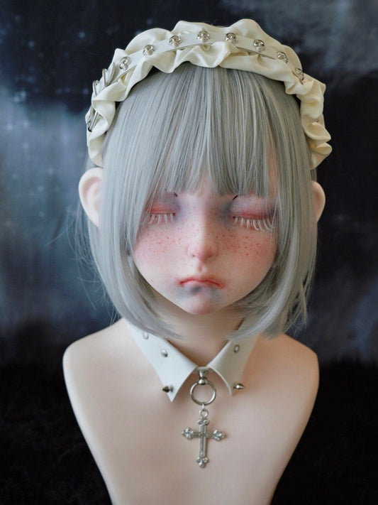 White Gothic Skeleton Studs PU Buckle Ruffled KC