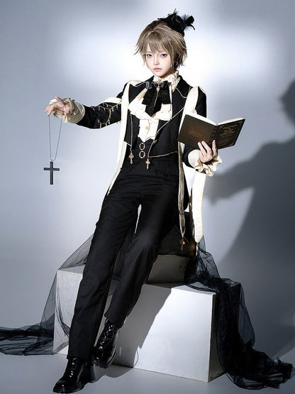 Clearance-Size L for Bust 98CM Black Ouji Lolita Cross Chains and Charms Decorated Stole Swallow Tail Blazer Coat