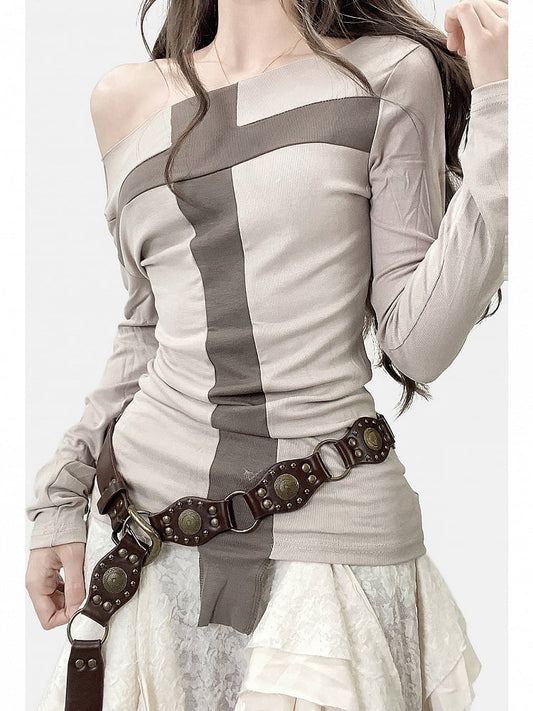 Apricot Cross Design Asymmetrical Neckline Long Sleeves Top