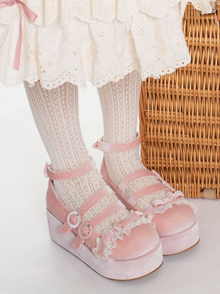 Lace Trim Bowknot at Top Velvet Pink Buckle Straps Platforms