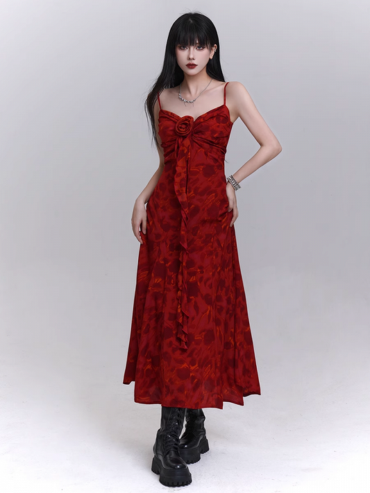 Red Sweetheart Neckline Cascading Ruffle Floral Cami Dress