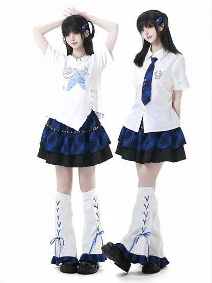 Black and Blue Plaid Star Stud Details Tiered Skirt