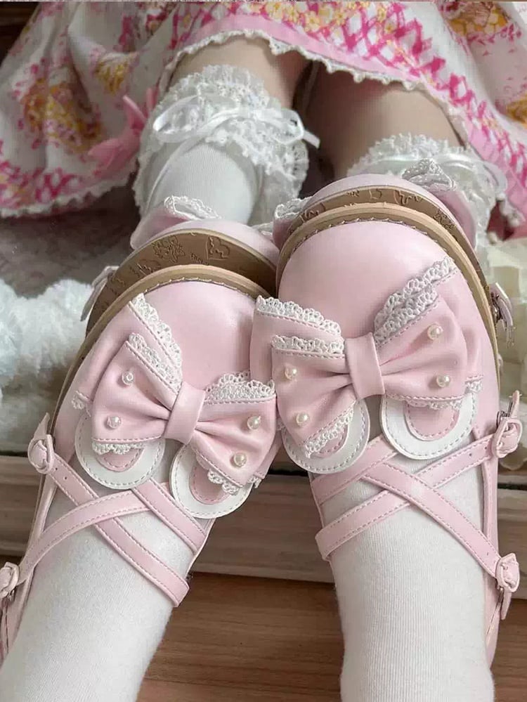 Pink Beaded Decorated Bow at Top Crisscross Design Bunny Ear Lolita Shoes