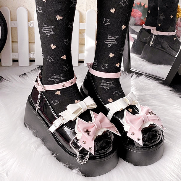 Punk Crosses and Chains Black Bow Accents Platforms Buckle Ankle Strap