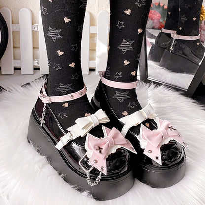 Punk Crosses and Chains Black Bow Accents Platforms Buckle Ankle Strap