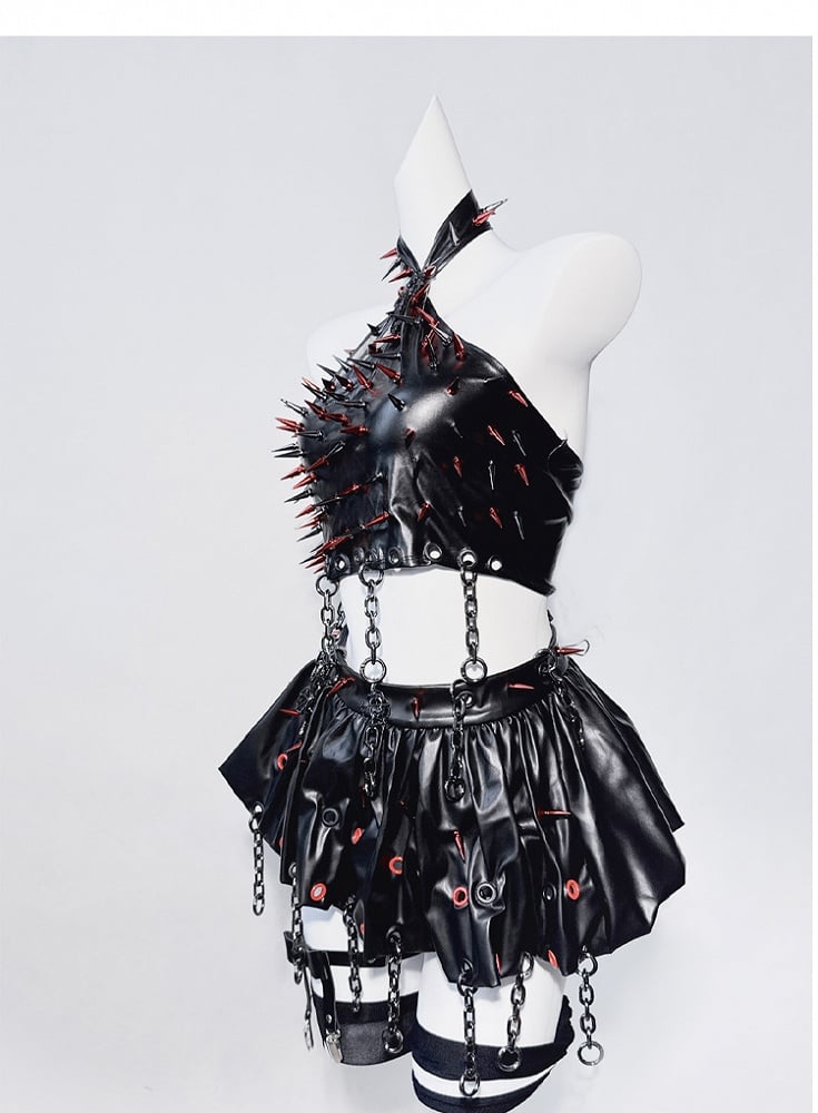 Punk Black PU Halter Neck Studs Cross Chain Design Sleeveless Top+Skirt Set