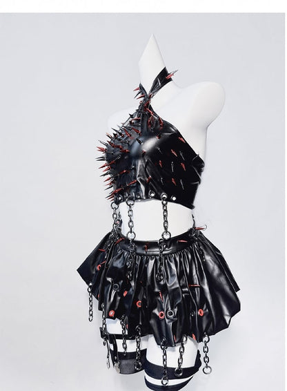 Punk Black PU Halter Neck Studs Cross Chain Design Sleeveless Top+Skirt Set