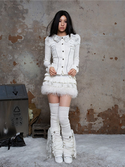 White Punk Tiered A-Line Skirt with Elastic Waist & Faux Fur Trim
