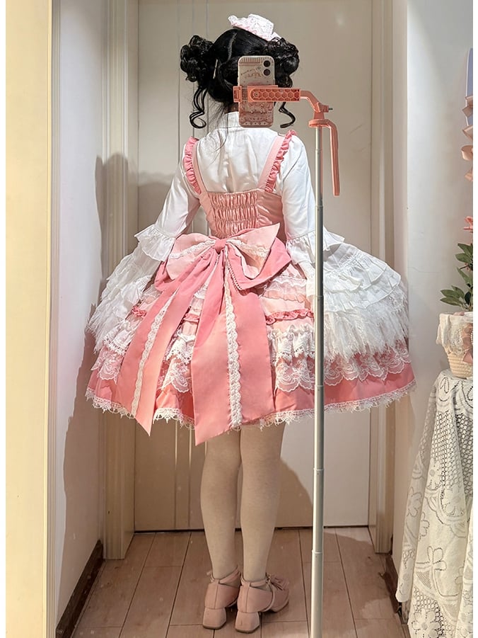 Pink Detachable Bows and Bead Details Sweet Tiered Skirt Lolita Dress