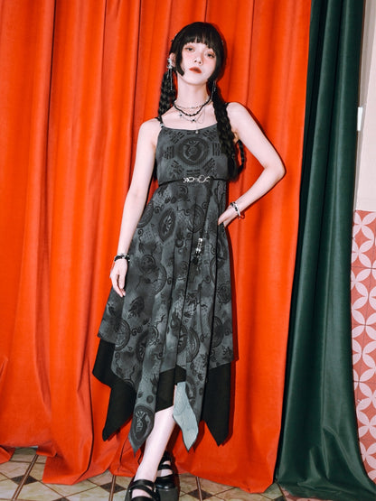 Black Chiffon Handkerchief Hem Cheongsam Style Graphic Cami Dress