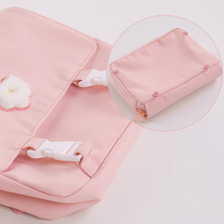 White Plush Lamb Backpack And Detachable Pink Canvas Bag Set