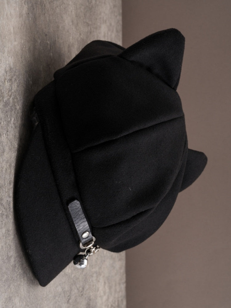 Black Gothic Bell Charm Buckle Design Cat Ear Beret Hat