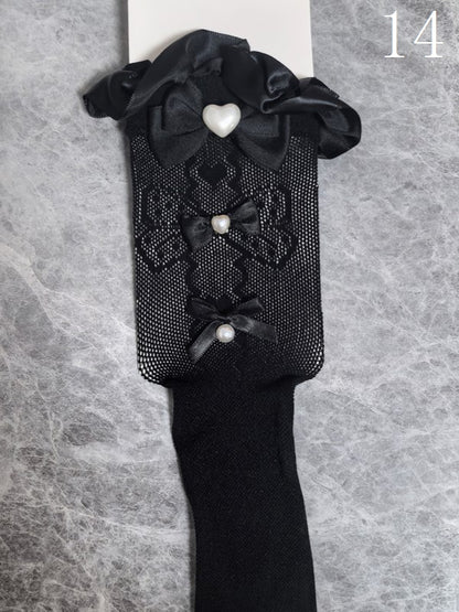 14 Options Black/White Lolita Calf Socks With Bowknot Details And White Lace Cuffs