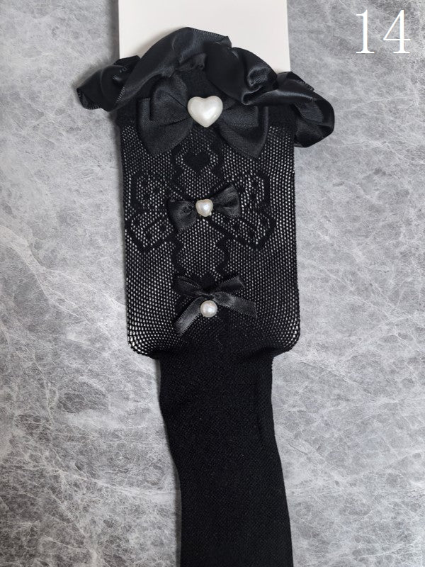 14 Options Black/White Lolita Calf Socks With Bowknot Details And White Lace Cuffs