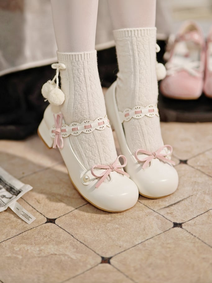 White Beaded Decorated Knotted Bow at Top Round Toe Lolita Shoes