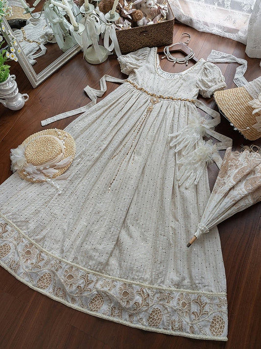 Beige Empire Waist Vintage Embroidery Hem Allover Sequin Decoration Elegant Lolita One Piece Long/Short Version