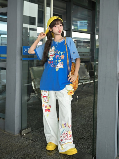 Cartoon Bunny Print White Low Waist Wide-leg Jeans