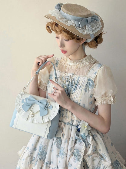 Blue & White Elegant Lolita Bag - Sparkling Heart Charm, Beaded Decor Bow & Dual Interchangeable Straps