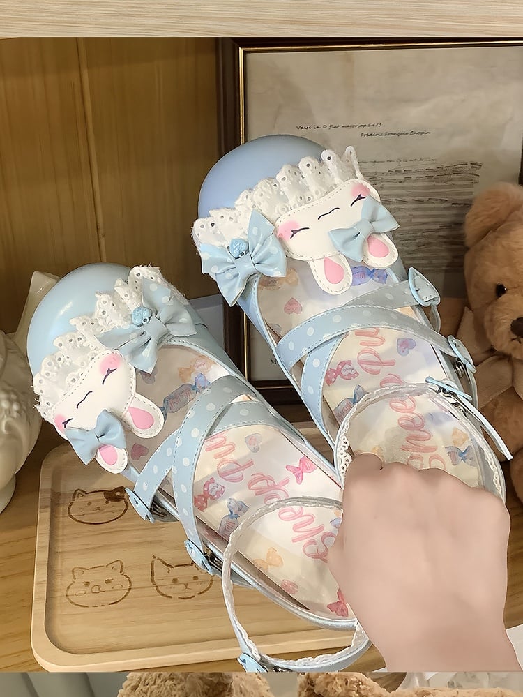 Blue Polka-dot Pattern Crisscross Design Bowknot Details Bunny Applique Lace Trim Sweet Lolita Shoes
