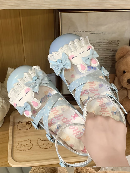 Blue Polka-dot Pattern Crisscross Design Bowknot Details Bunny Applique Lace Trim Sweet Lolita Shoes
